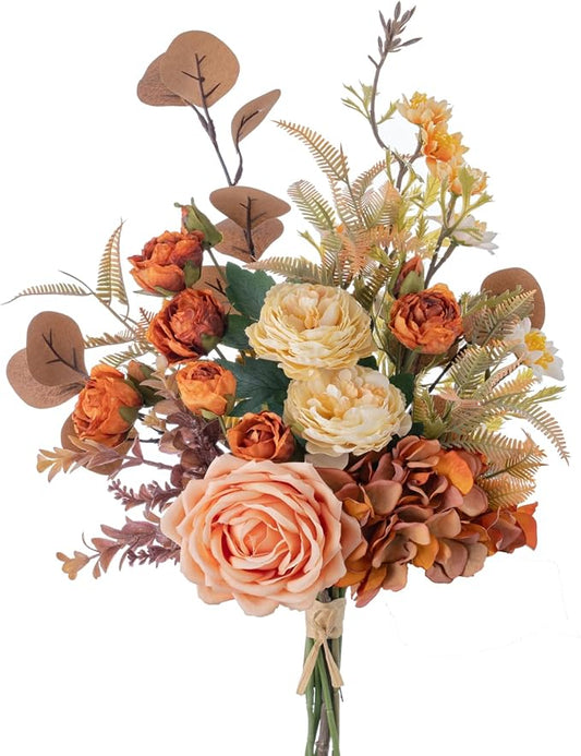 17-inch Artificial Fake Flowers Silk Flower Arrangements Faux Bouquets Consists of Ranunculus, Wild Chrysanthemums, Roses, Hydrangeas and Some Filler Greens