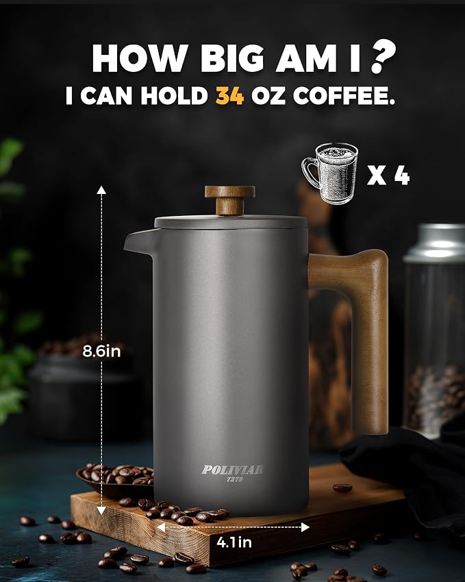 POLIVIAR French Press Coffee Maker, 34 oz | Real Wood Handle Coffee Press, Double Wall Insulation, Dual-Filter Screen, Food Grade Stainless Steel, For Coffee and Tea