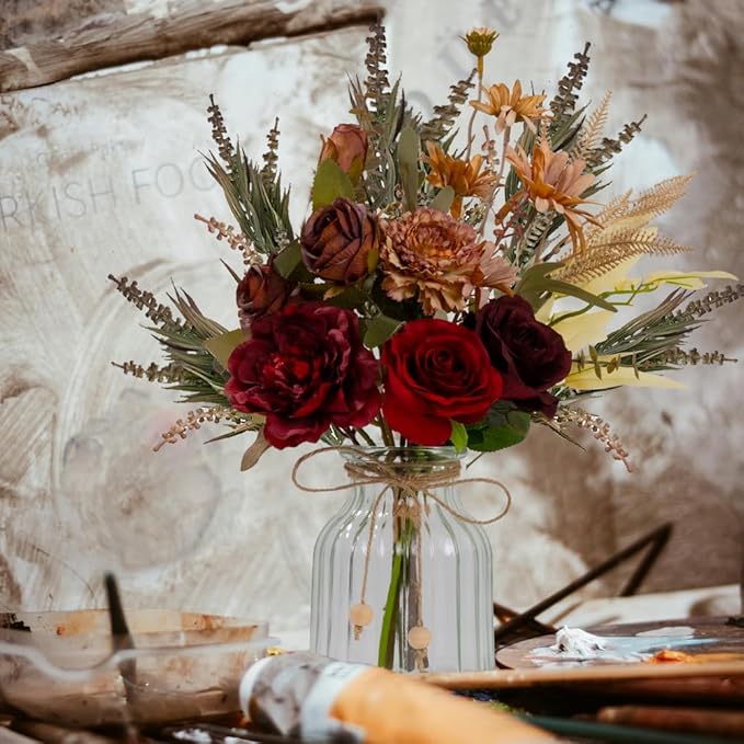 LESING Dahlia Flower Aritificial Flower with Vase Fake Silk Flowers in Glass Vase Faux Rose Flowers Arrangement for Home Office Table Centerpiece Decoration (Claret Red)