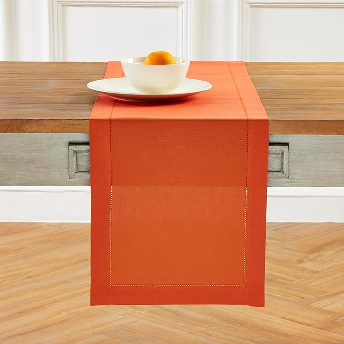 Solino Home Cotton Linen Burnt Orange Table Runner 72 Inches Long - Hemstitch Table Runner 14 x 72 Inch for Dresser, Dining