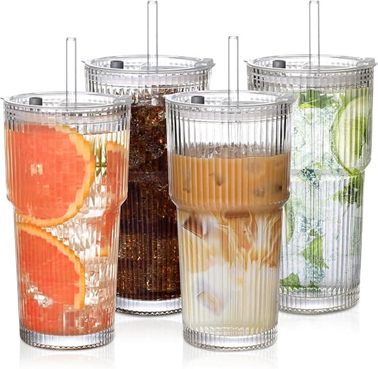 20oz Ribbed Glass Cups with Lids and Straws,4PCS Glass Tumbler with Straw and Lid, Iced Coffee Cups Drinking Glasses for Juice,Smoothies,Cocktail