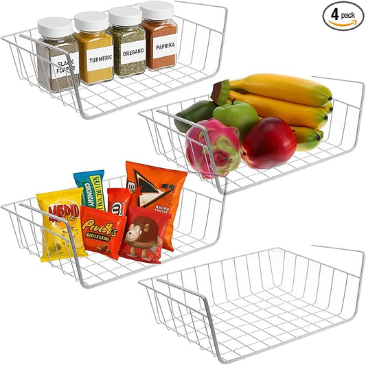 4-Pack White Under Cabinet Storage Baskets – Hanging Shelf Organizers for Kitchen, Pantry, Desk & Bookshelf – No-Tool Installation, Space-Saving Design