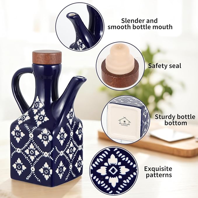 8.5 oz Ceramic Olive Oil Dispenser Bottle Decorative Olive Oil Dispenser Bottle with Handle & Wooden Stopper Relief Opaque Ceramic Oil Cruet for Kitchen Cooking Oil Vinegar (Blue)