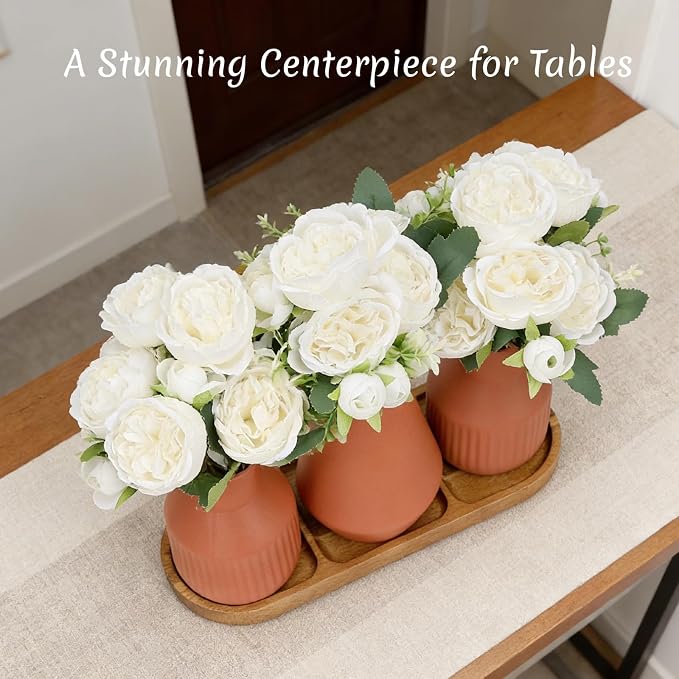Flower Table Centerpiece - Dining Table Centerpiece Decor Set of 3 Fake Peonies in Ceramic Vases & Wood Tray Modern for Kitchen Island Living Room Coffee Table Home Decor (White)