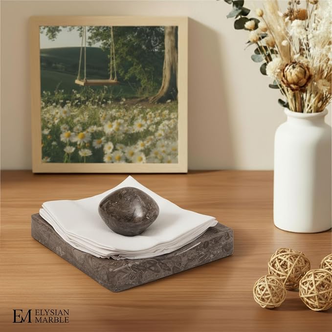 Marble Cocktail Napkin Holder with Weight, Modern Square Napkin Holder for Table, Decorative Heavy Napkin Holder for Indoor & Outdoor Dining, Kitchen & Coffee Table Decor - Oceanic Grey