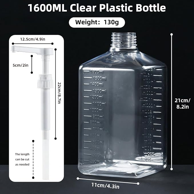 Large Capacity Syrup Dispenser for Coffee Bar, Pump Dispenser 54oz 1600ml PET Syrup Bottle w Measuring Cup and Funnel, Dispenser Bottle w Upgraded Pump (10cc Thicker PET)