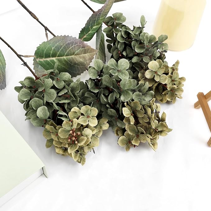 2FT Hydrangea Artificial Flowers - 10 PCS Long Stem Faux Cone Hydrangeas for Tall Vase, DIY Vintage Floral Table centerpieces for Dining Room, and Home Kitchen Decorations - Green