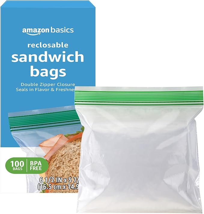 Amazon Basics Reclosable Double Zipper Sandwich Storage Bags for Food Storage, BPA Free, 100 Count