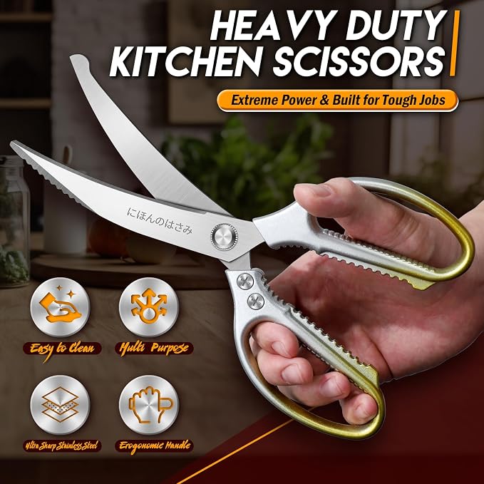 TIJERAS Kitchen Scissors Set Gold - Stainless Steel Kitchen Shears, Sharp Meat Scissors, Heavy Duty Poultry Shears, Japanese Cooking Scissor for Food, Chicken, and Turkey, Gifts for Women Men