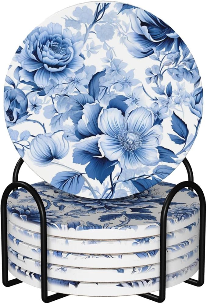 Coaster for Drinks Set of 6, Blue Vintage Spanish Ceramic Floral Absorbent Round Ceramic Stone Mat, with Cork Base and Metal Holder, Gift for Housewarming Room Bar Decor (Vintage Blue Floral-8)