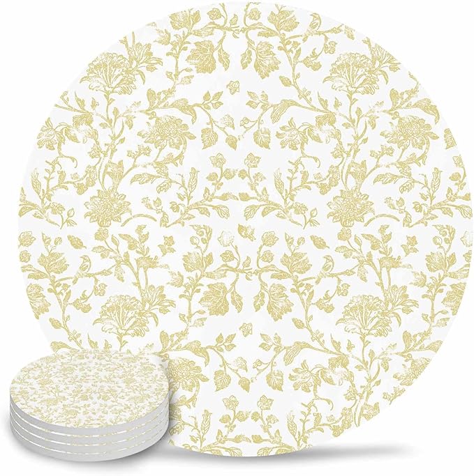 Drink Coasters Yellow Pastoral Flower Absorbent Stone Ceramic Coaster with Cork Back and NO Holder for Cups, Set of 4-Piece Farmhouse Floral Coasters for Drinks