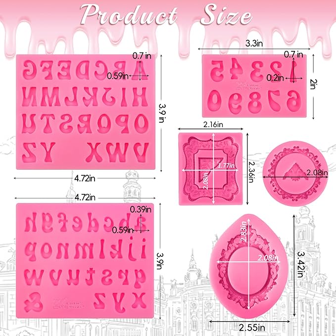 6 Pcs Picture Frame Silicone Molds, Mini Vintage Photo Frame Fondant Molds Letter Molds and Number Molds Kit for Cupcake Topper Chocolate Candy Resin Making Edible Letters Numbers for Cakes Decorating