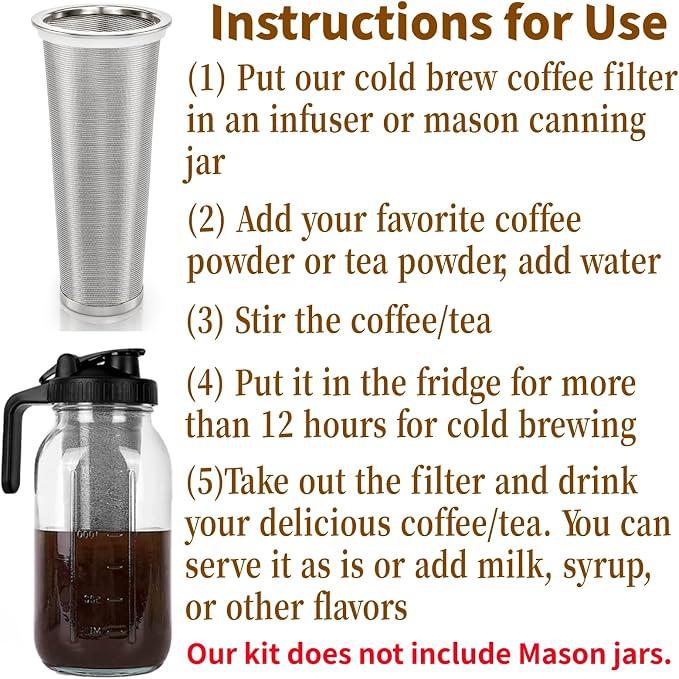 Goaste 3 Pack Cold Brew Coffee Filter for 32oz / 1Quart Wide Mouth Mason Jar, 304 Stainless Steel Strainer with Seal Ring, Coffee Tea Infuser Ultra Fine Mesh for Iced Coffee, Lemonade, Fruit Drinks