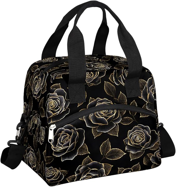 Pardick Black Golden Roses Insulated Lunch Bag for Women Leakproof Lunch Box Large Cooler Thermal Tote Bag with Shoulder Strap Meal Prep Bags for Work School Office Picnic Teen Girls Adult