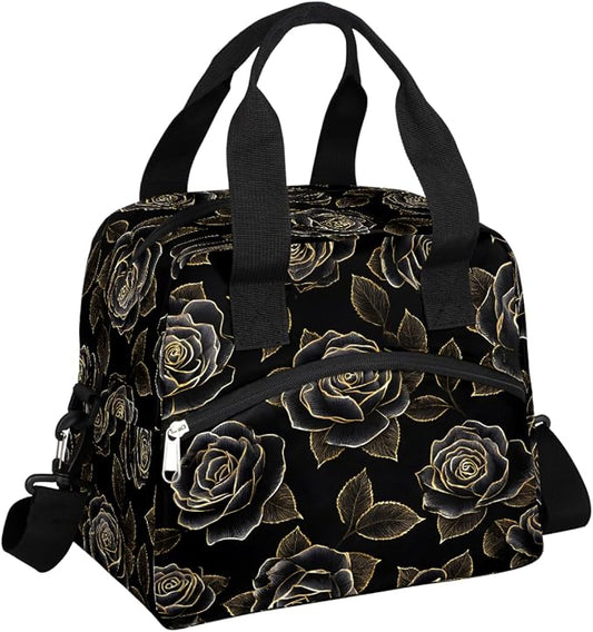 Pardick Black Golden Roses Insulated Lunch Bag for Women Leakproof Lunch Box Large Cooler Thermal Tote Bag with Shoulder Strap Meal Prep Bags for Work School Office Picnic Teen Girls Adult