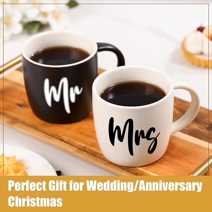 12 oz Mr and Mrs Mug, Ceramic Coffee Mug for the Couple, Ideal Gift for Engagement, Anniversary, His and Hers, Bride and Groom,Wedding Gifts for Couples 2026 - Set of 2 (Black & White)