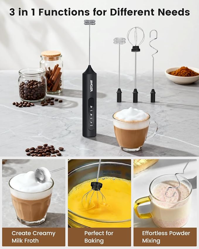 AMOSA Milk Frother Handheld with Stand, Rechargeable Frother with 3 Speeds & 3 Heads, Travel Frother with Case, Coffee Mixer for Latte, Milk, Cream, Egg, Coffee, Cappuccino