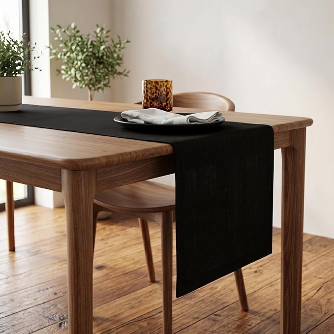 Solino Home Linen Black Table Runner 60 Inches - 100% Pure Linen Short Table Runner 14 x 60 Inch Ideal for Dresser and Coffee Tables - Fete