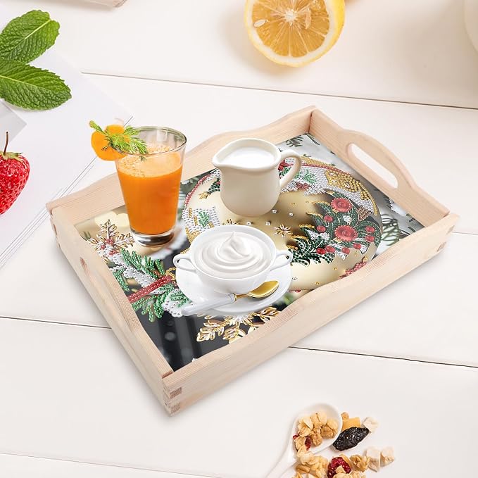DIY Diamond Serving Tray Rectangular Breakfast Tray with Handle Handmade Diamond Art Painting Wooden Tray for Dinner Plate Coffee Room Living Home Organizer-Decorative Balls