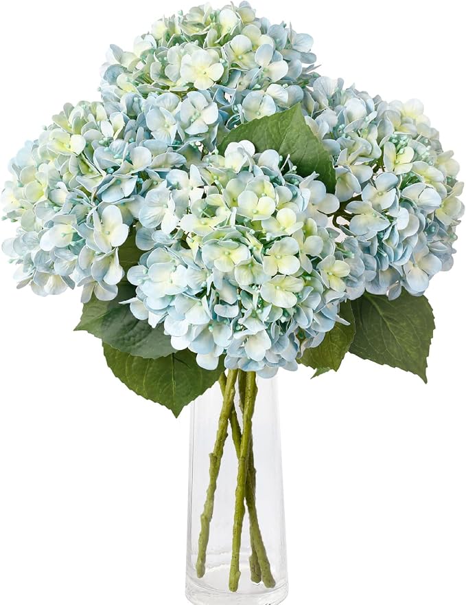 Leftover 4 Pcs Light Blue Hydrangea Artificial Flowers,21" Real Touch Faux Hydrangea Flowers and 3 PCS Butterflies for Hydrangea Decor,Floral Arrangements for Centerpiece Table Decorations,Home Decor