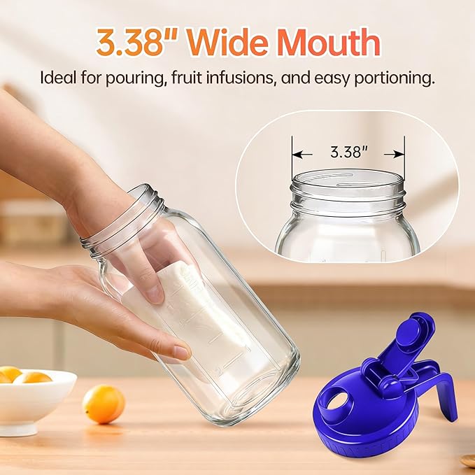 32oz Glass Pitcher with Lid & Spout – 1 Quart Mason Jars, Airtight & Leakproof Breastmilk Pitcher for Cold Brew Coffee, Sun Tea, Water, Juice – Wide Mouth, Fridge Safe