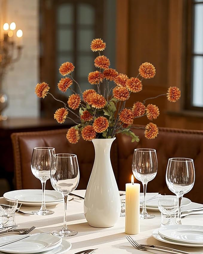 DuHouse 6pcs Artificial Flowers Faux Silk Pompon Mum,Silk Small Mini Chrysanthemum Ball with Stems for DIY Wedding Bouquets Centerpieces Vase Home Table Kitchen Decorations(Burnt Orange)