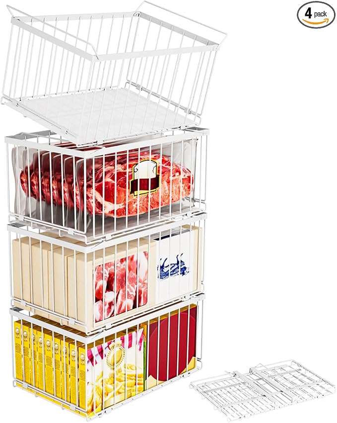 Large Freezer Organizer Bins, Upgrade One-Touch Open/Close, for 5-9 Cu.Ft Deep Freezer, 4 Pack Stackable Deep Freezer Organizer Bins, Black Wire Foldable Baskets White 4 Pack
