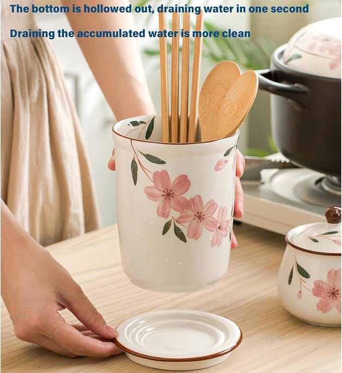 Dxcaicc Large Capacity Utensil Holder for Kitchen Counter, Ceramic Cooking Utensil Holder, Multiple Drain Holes Chopstick Holder with Drain Tray