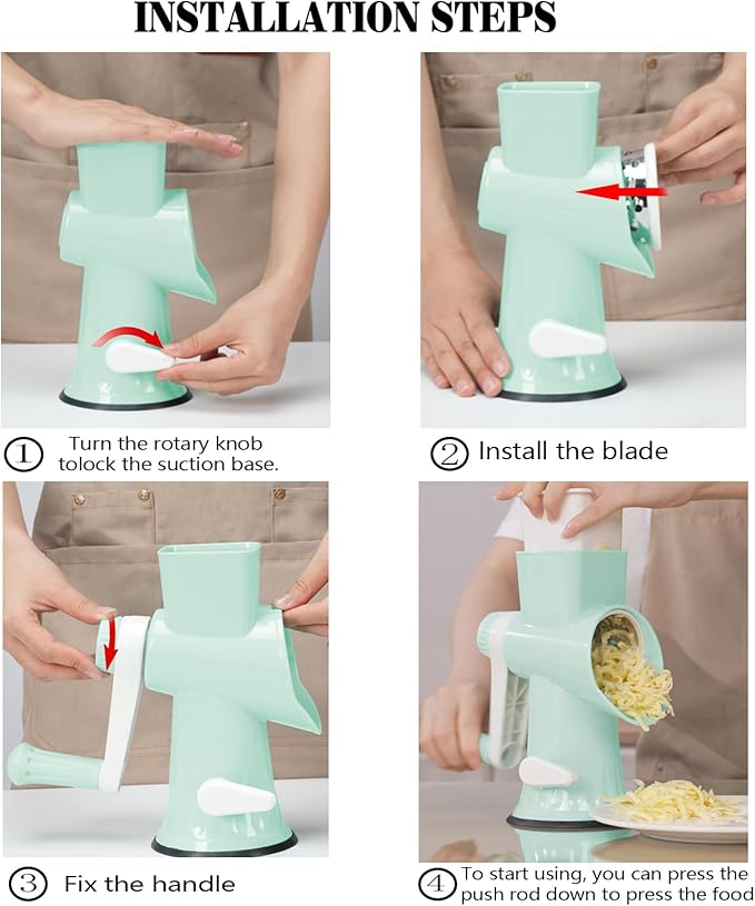 Cheese Grater with Handle,Multifunctional Rotary Cheese Grater,Kitchen Cheese Shredder Can Easily Chop Vegetables,Potatoes,Carrots,Etc.The Suction Cup is Stable and Easy to Clean (light green)