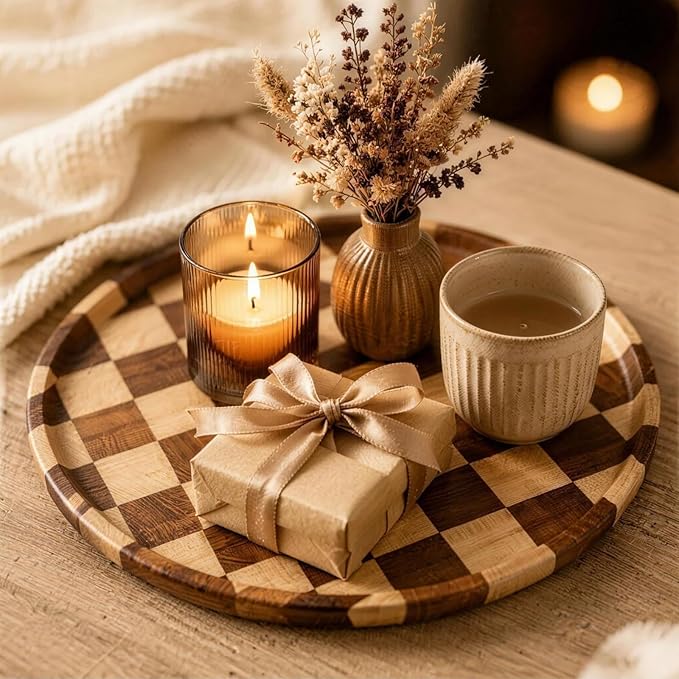 11 Inch Checkered Tray Round Wooden Trays for Decor, Acacia Wood Decorative Plate for Coffee Table, Kitchen Counter, Bathroom Vanity, Candle Holder & Table Centerpiece