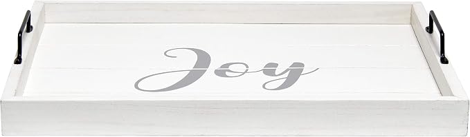 Elegant Designs HG2000-WJY Christmas Decoration 15.50" x 12" Decorative Wood Serving Tray w/Handles, White Wash Joy