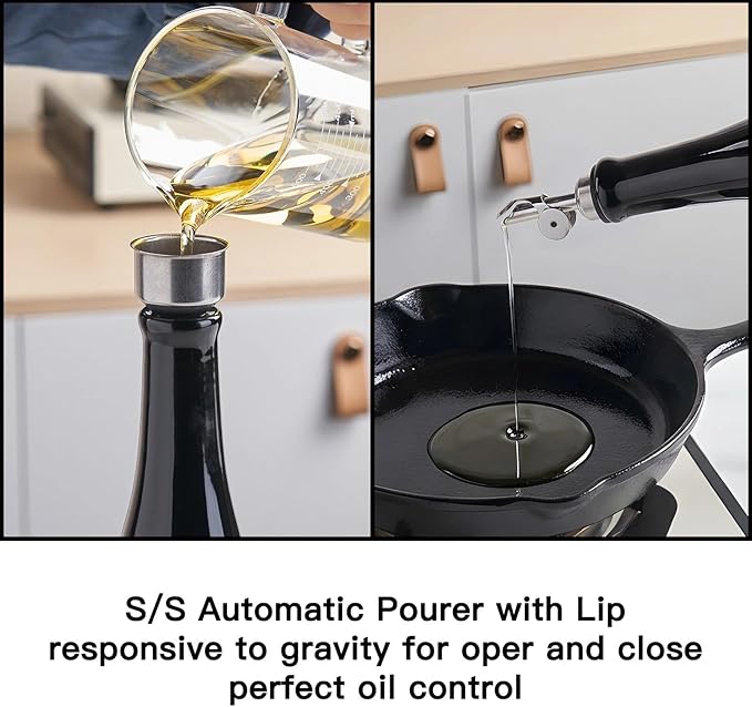 YOLIFE Olive Oil Dispenser Bottle, 16oz Ceramic Oil Dispenser for Kitchen, Oil Bottle with Gravity Spout, Leak Proof EVOO Dispensing Bottle with 2 Spouts and 1 Funnel for Vinegar, Juice(Black)