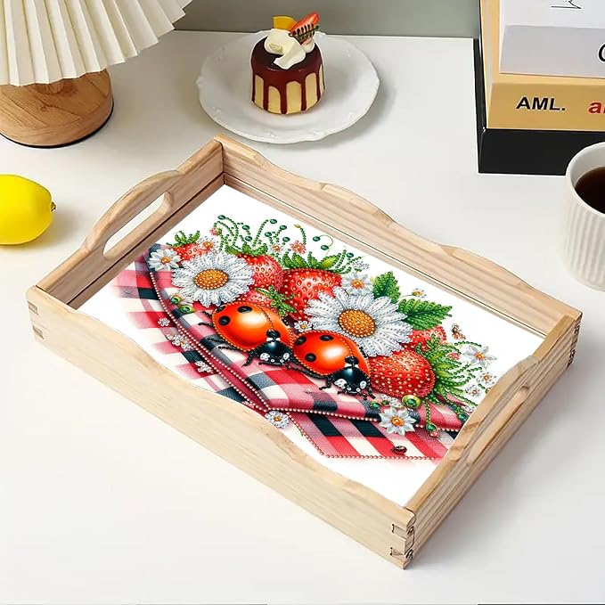 BAYUNOE DIY Diamond Serving Tray Christmas Rectangular Breakfast Tray with Handle Handmade Diamond Art Painting Wooden Tray for Dinner Plate Coffee Room Living Home Organizer-Strawberry