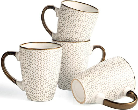 Ceramic Coffee Mug Set - 16 Oz Large Coffee Mugs - Embossed Stoneware Cups with Handle for Latte Tea Cappuccino Cocoa - Microwave Dishwasher Safe - Set of 4 - flower Pattern