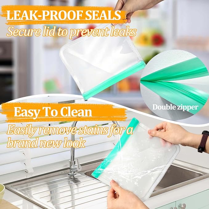 Reusable Freezer Bags Food Storage Bags for Meal Prep Containers, BPA Free Food Storage Bags, Leakproof Reusable Food Bags Dishwasher Safe for Salad Fruit, Vegetables, 3 Gallon 4 Sandwich 1 Snack