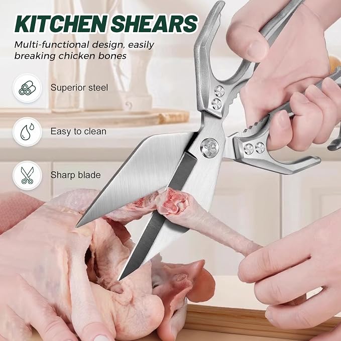 Multifunctional Heavy-Duty Kitchen Shears, Stainless Steel Kitchen Scissors for Food, Poultry Shears, Poultry, Meat, Seafood, Bone Cutting, Dishwasher Safe Ergonomic Handle (Red)