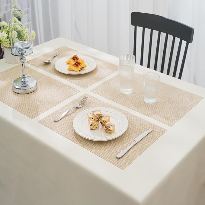 BACKTOEDEN Placemats Set of 6 Heat Resistant Washable Wipeable Placemat Woven Non-Slip Foldable Vinyl/Plastic Place Mats Indoor/Outdoor Mat Kitchen Dining Table Pad, Beige Silver Line