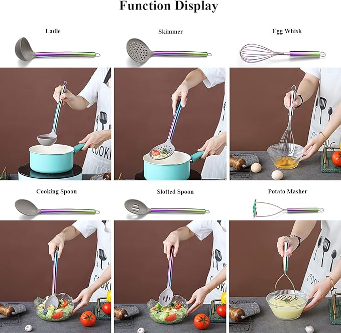 38 Piece Silicone kitchen Cooking Utensils Set with Utensil Rack, Silicone Head and Stainless Steel Handle Cookware, Kitchen Tools, Non-Stick kitchen Gadgets, Dishwasher Safe (Rainbow)