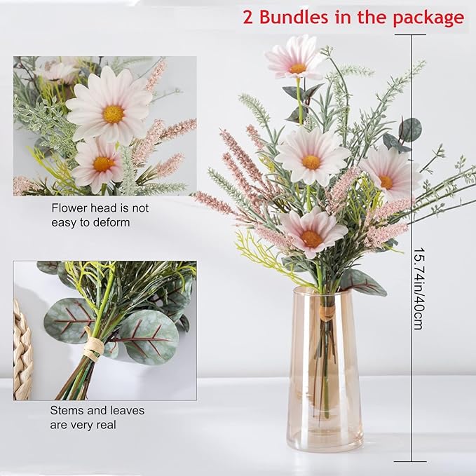 2 Bundles Artificial Wildflowers Fake Daisy Flowers Bouquet Silk Flower with Stems Faux Daisies Eucalyptus Pink Floral Arrangement for Table Centerpieces Home Indoor Summer Decoration
