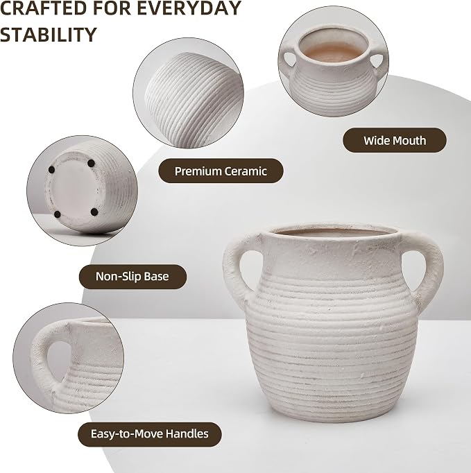 Rustic Utensil Holder for Kitchen Counter - Large Ceramic Farmhouse Cooking Utensil Crock & Organizer for Spatula, Spoon - Vintage Kitchen Decor (Ivory)