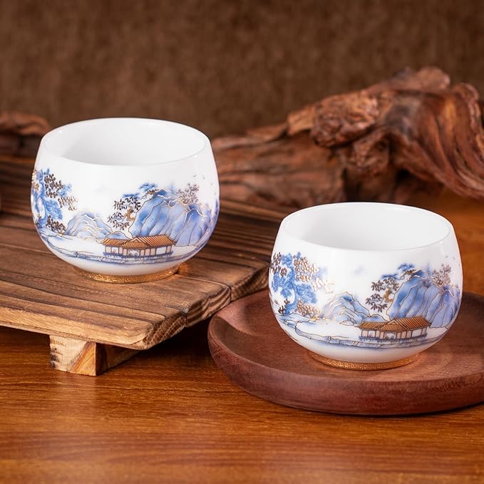 KAMMAK Ceramic Tea Cups Small, Cute Vintage Coffee Cup Set of 2, Porcelain Teacups Espresso Mug, 6.3oz Hand Painted Chinese Afternoon Tea Party Mugs, Birthday Gift for Women Men, Imperial Arhat