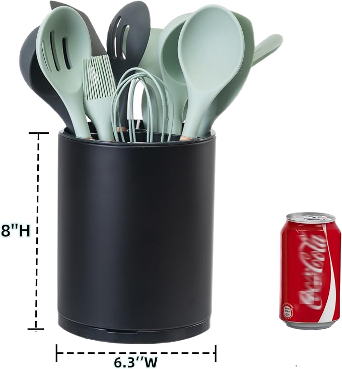 Utensil Holder,Large Cooking Utensil Holder Silverware Caddy Stainless Steel 360 Rotating Kitchen Storage 3 Compartment Flatware Spoon Spatula Holder(Black)