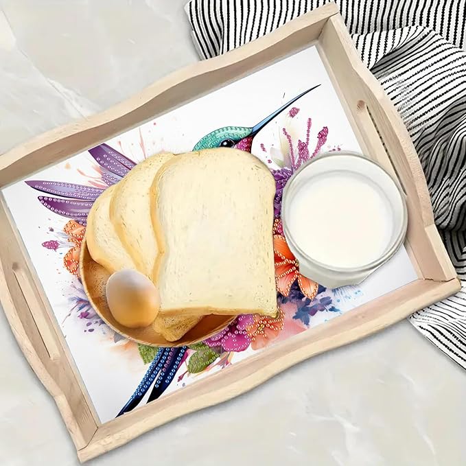 DIY Diamond Serving Tray Rectangular Breakfast Tray with Handle Handmade Diamond Art Painting Wooden Tray Spring Creative Dinner Plate Coffee Room Living Home Organizer-Hummingbird02