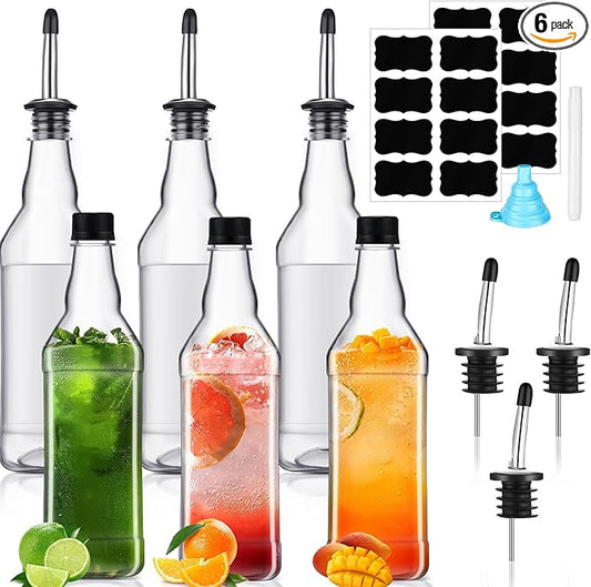 Dandat 6 Packs 800ml Plastic Empty Syrup Bottles with Lids and Pourers Speed Pour Long Neck Bottles Bulk Pour Containers for Oil Juice Syrup Coquito Drink for Kitchen Bar Holiday Drink Party