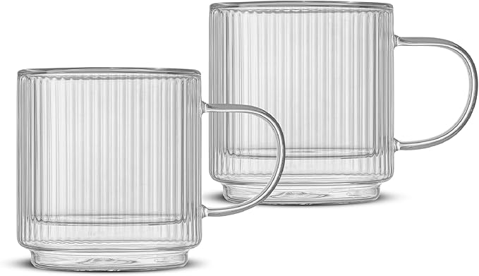 JoyJolt Haven Stackable Fluted Glass Mugs, Set of 2 Ribbed Double Wall Insulated Coffee Cups, 13.5oz Clear Mugs