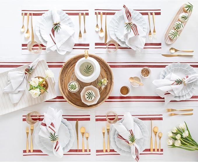 Solino Home Linen Table Runner 132 Inches Long - French Stripe, 100% Pure Linen Red and White Farmhouse Table Runner 14 x 132 Inch Ideal for Dining, Spring, Summer, 4th of July