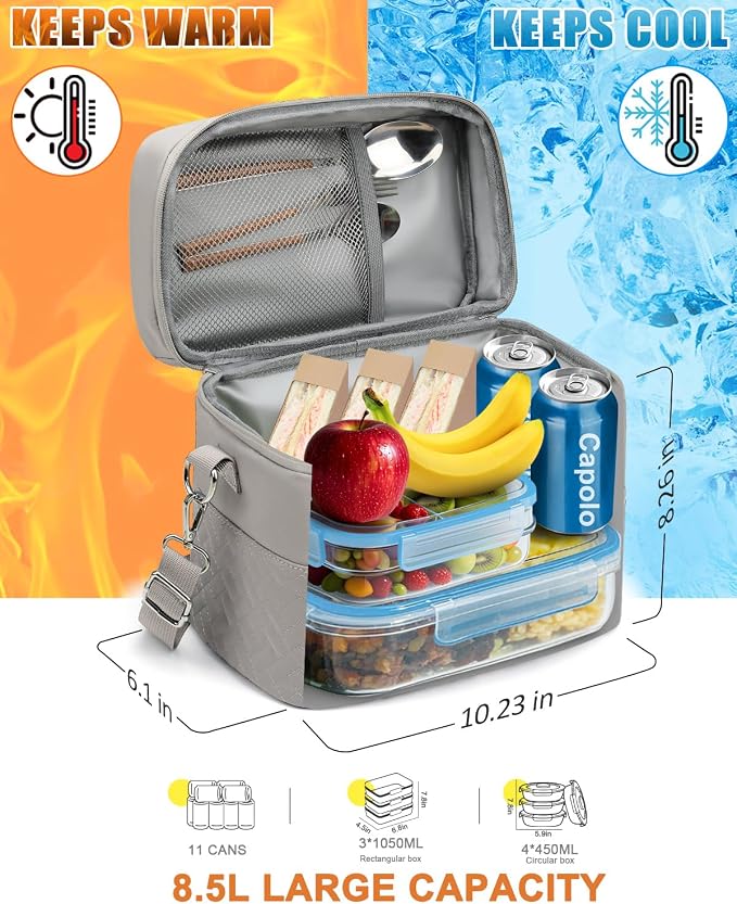 Capolo Lunch Box for Women Men Adults,Insulated Lunch Bag Leakproof Lunch Cooler Box with Removable Strap Cute Lunch Tote Bags Reusable Thermal Lunchbox for Work Picnic(Small,Khaki Gray)