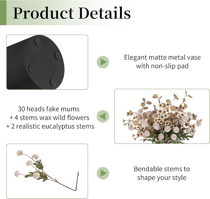 BLOSMON Beige Faux Flowers in Vase: Metal Vase with 12 Stems of Fake Mums Wax Eucalyptuses for Dining Table Centerpiece Decor - Artificial Silk Kiku Pom Poms Wild Farmhouse Floral Arrangements
