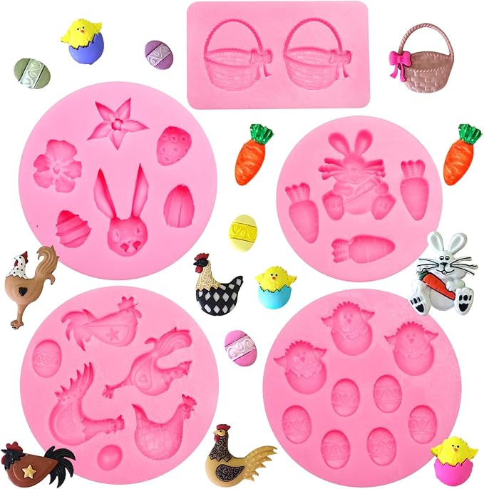 Easter Silicone Fondant Molds Set of 5, Bunny Chick Egg Rooster Basket Chocolate Molds for Cake Decorating Cupcake Topper Candy Gummy