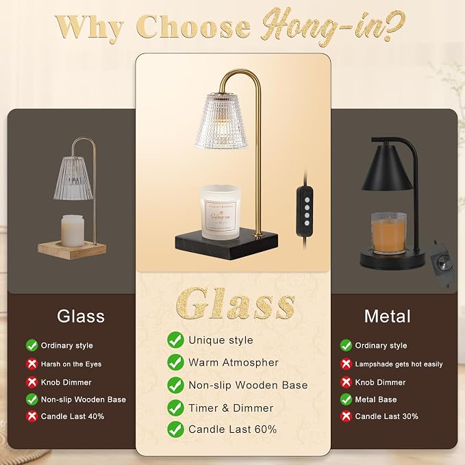 Hong-in Modern Gold Candle Warmer Lamp with Black Marble Base, Glass Shade Electric Candle Melter for Scented Candles, Stylish Home Kitchen Decor & Gift for Women